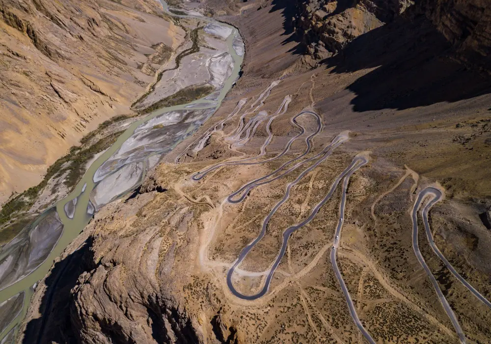 Aerial view of the winding hairpin bends of Gata Loops on the Leh–Manali Highway.
