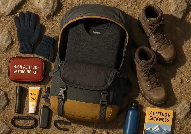 Travel essentials for a trip to Ladakh including backpack, boots, gloves, sunscreen, and medicine kit.