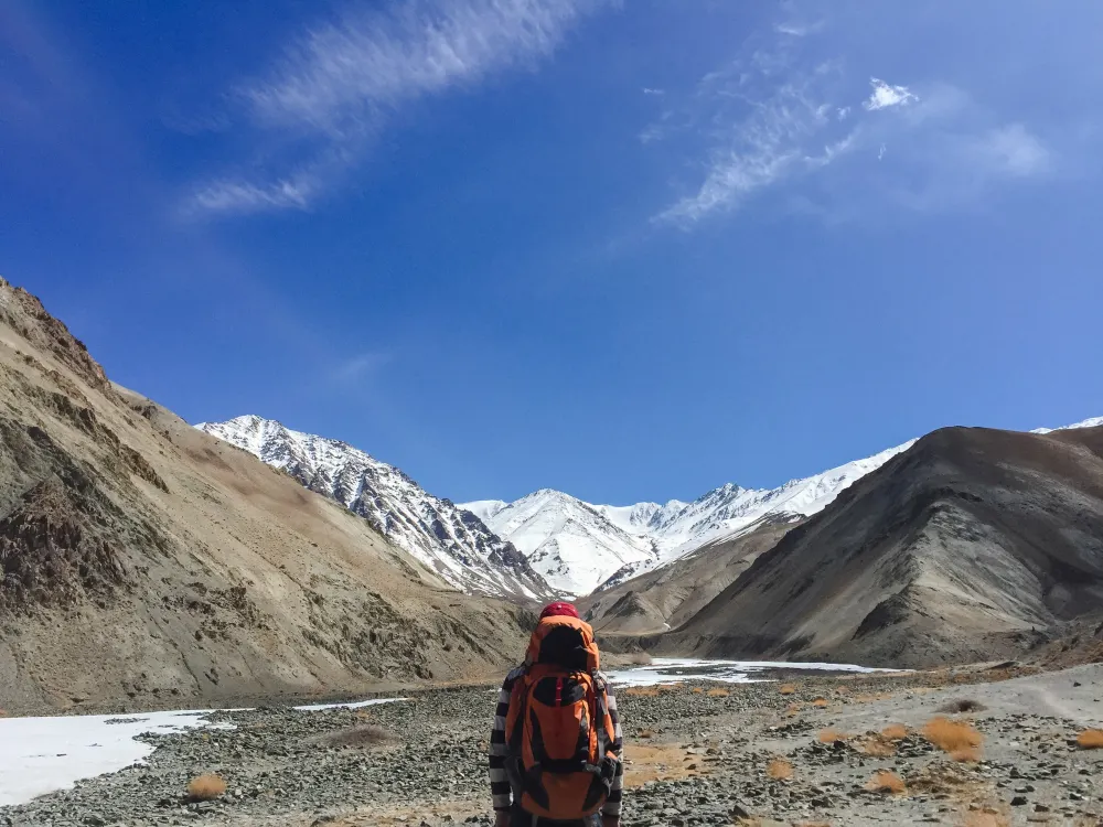 Backpacker trekking in the mountains of Ladakh.